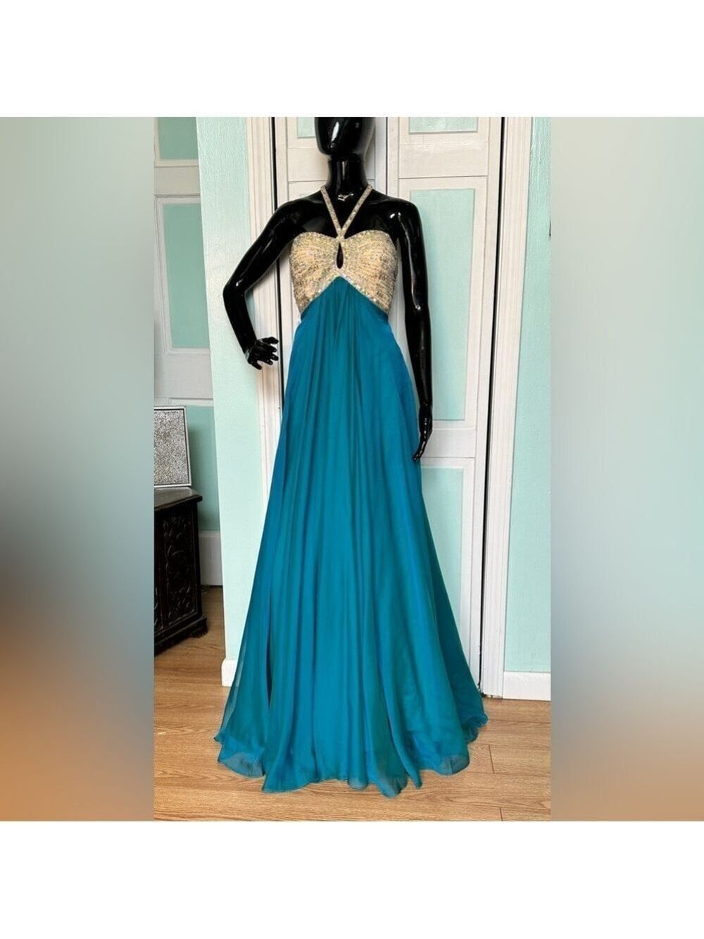 Size 8 Teal Empire Waist Chiffon Dress Flowy Gown Prom Cruise Maternity